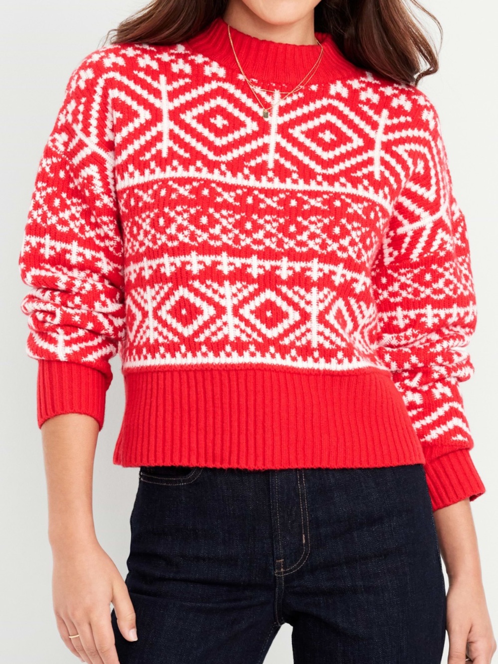 Old Navy Red and White Fair Isle Cowl Neck Sweater